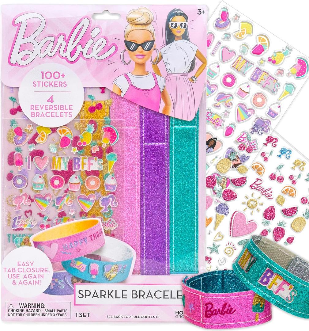 Barbie Sparkle Bracelet Making Kit, 4 Reversible Shimmery Bracelets, 100+ Traditional and Puffy Resin Stickers, DIY Friendship Jewelry, Girls Toys, Arts and Crafts for Kids Age 8-12, Gifts for Girls