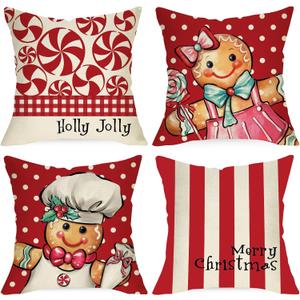 Merry Christmas Gingerbread Man Decorative Throw Pillow Covers 16x16 Set of 4, Xmas Peppermint Candy Polka Dot Stripe Red Cushion Case Decor, Holly Jolly Winter Holiday Home Decoration for Sofa