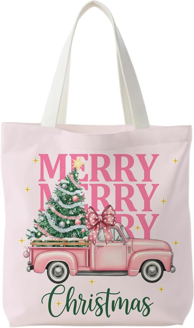 NATSUNO Pink Christmas Canvas Tote Bag, Coquette Christmas Tree Pickup Truck Canvas Tote Bag for Women, Preppy Xmas Winter Holiday Reusable Grocery Bags Shopping Bags