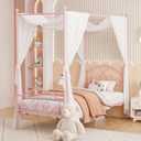 Weehom Princess Canopy Bed Frame with 4 Posters, Sturdy Metal Platform Mattress Foundation with Headboard & Footboard No Box Spring Needed Twin Size Bed for Kids Girls Adults Pink