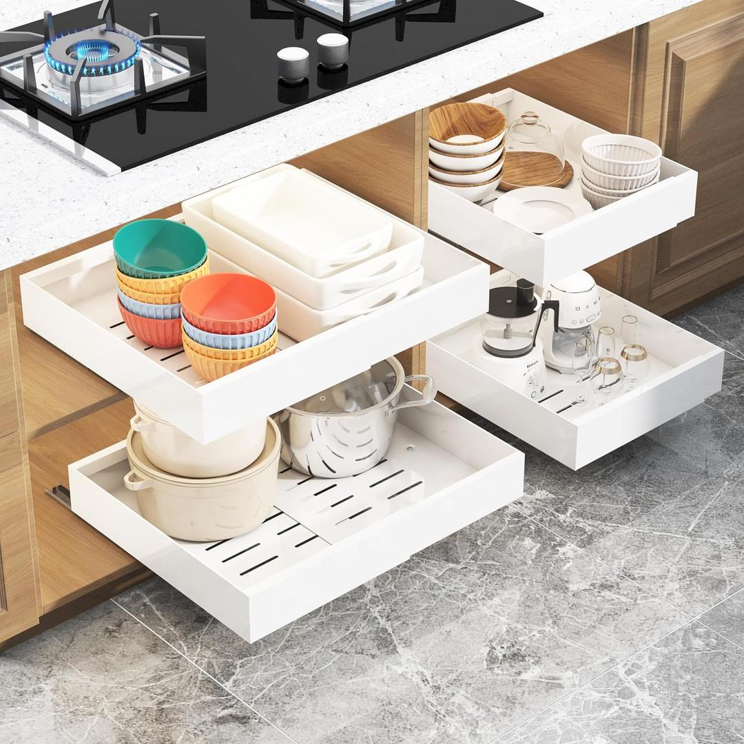 Adjustable Pull Out Cabinet Organizer 21 inch Deep, 2 Pack Adhesive Pull Out Drawers for Cabinets, Heavy-duty Slide Out Shelves for Kitchen, Pantry Room Storage, White