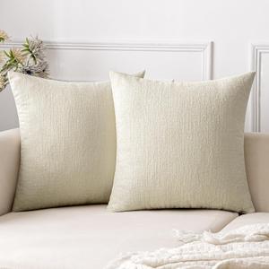 EMEMA Throw Pillow Covers 18x18 Inch Pack of 2 Couch Pillow Covers Soft Chenille Decorative Couch Modern Solid Dyed Pillowcases for Sofa Bed Cream(Only Covers)