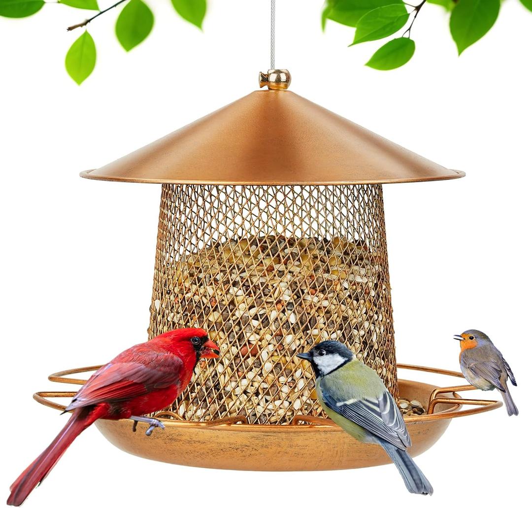 LBTING Bird Feeder for Outside, Metal Lantern-Shaped Bird Feeder, Wild Bird Feeders for Hanging Outdoor Garden Yard, Bright Gold