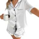 CHYRII Womens Satin Pajamas Sets Short Sleeve Ruffled Loungewear 2 Piece PJ Sets with Magnetic Diffuser White L