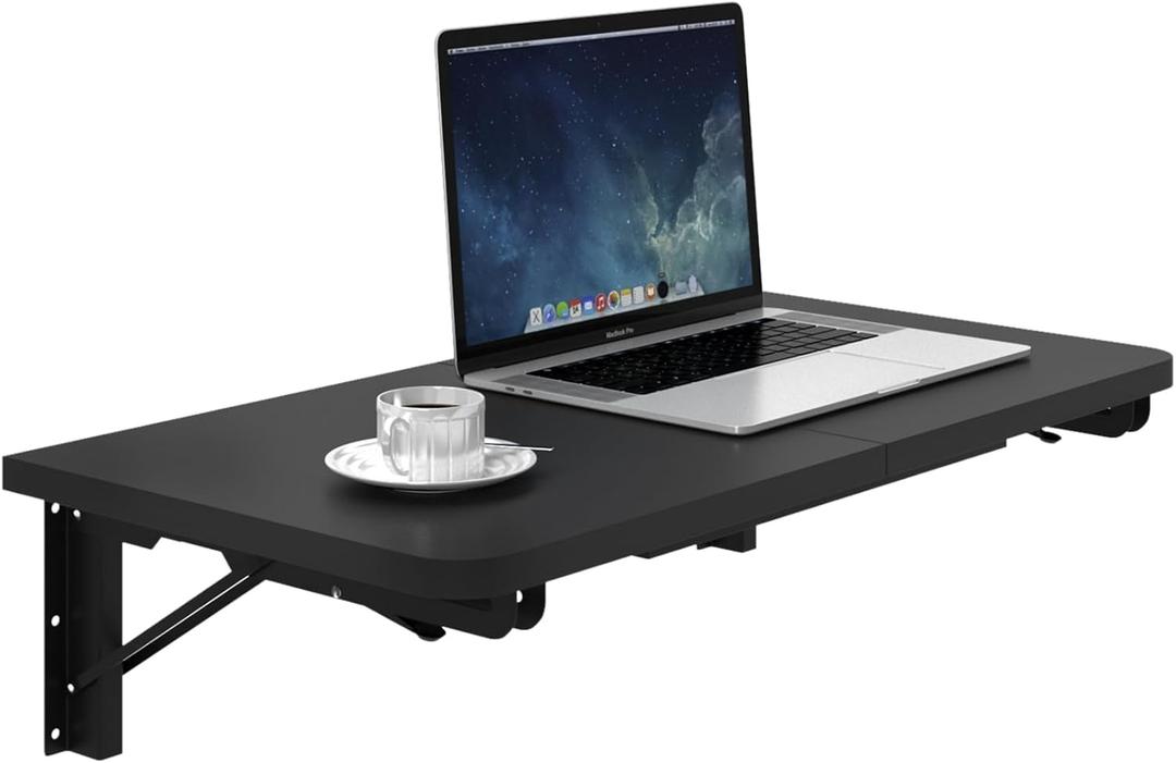 TEAMIX Wall Mounted Folding Table, Black Floating Desk for Small Spaces, Drop Leaf Dining Table for Kitchen Fold Down Laundry Shelf with Heavy-Duty Brackets (23.6"W x 11.8"D)