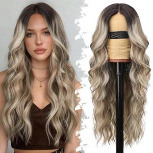 Eawwii Ombre Ash Brown with Platinum Blonde Wig for Women Long Wavy 4x1 Lace Natural Hairline Glueless for Beginners Middle Part Synthetic for Daily Party Use 26Inch