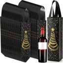 Wesnoy 50 Pcs Christmas Reusable Non-woven Wine Bottle Gift Bags Bulk 13.6x3.5x3.9 Christmas Tree Pattern Bottle Gift Bags with Handles for Xmas Party(Black Gold)