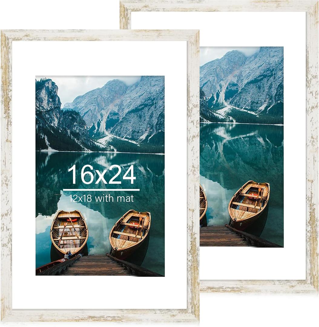 Hongkee 16x24 Frame Set of 2, Distressed White Wood Style - Display 16 x 24 Picture without Mat or 12x18 Picture with Mat, Wall Mounting Horizontal and Vertical