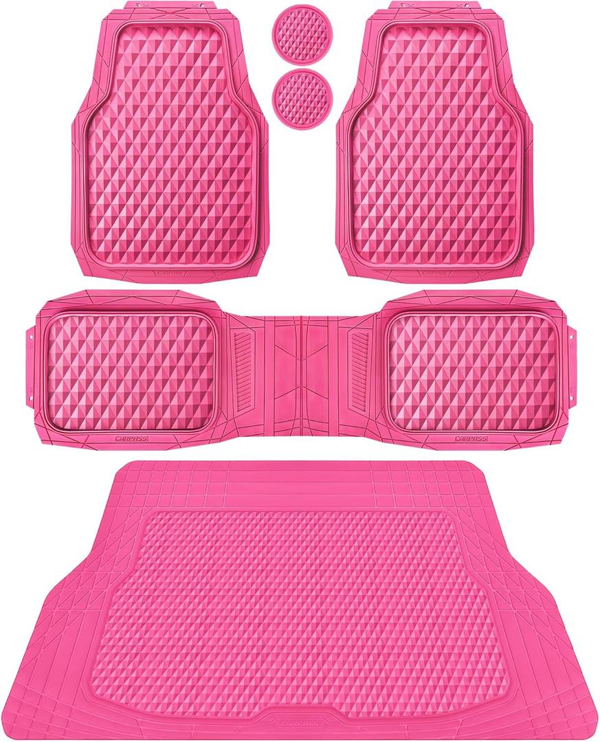 CAR PASS Heavy Duty Rubber Hot Pink Car Floor Mats & Cargo Liners, Deep Dish All-Weather Trunk Mats Durable Anti-Slip 3D Rhombus Waterproof Trim to Fit Liner Universal Fit Auto,Sedan,SUV,Truck, Pink