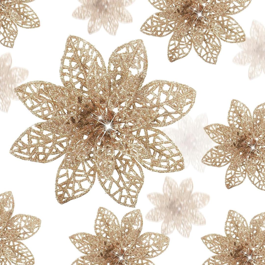 Boao Champagne 24 Pieces Poinsettia Flower Christmas Glitter Artificial Poinsettia with Clips Christmas Tree Ornament Decorations for DIY Xmas Wreath Holiday Home Party Decor, 3/4/6 Inches