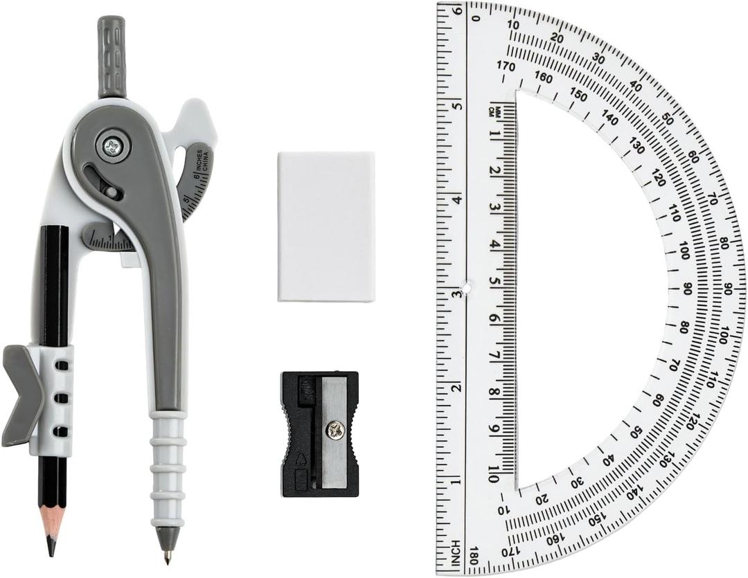 3 x Unjoo Compass for Geometry Set, 6 Inch Protractor, Clear Plastic (Gray)