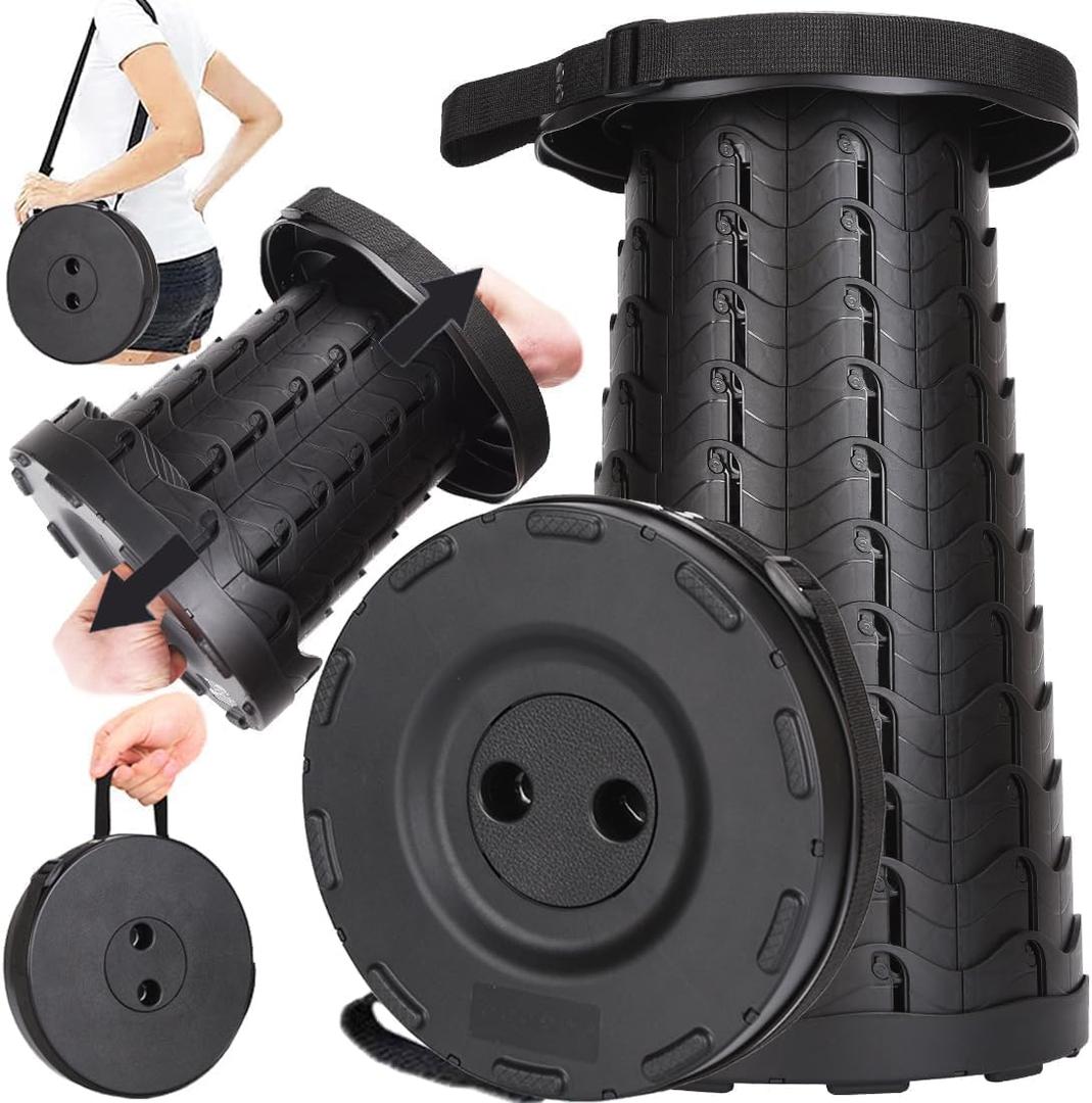 Fishboy Upgraded Collapsible Stool, 400lbs Max Weight, Lightweight But Sturdy, Portable Retractable Folding Telescoping Foldable Camping Stool for Adults Outdoor Fishing Hiking BBQ (1PK Round, Black)