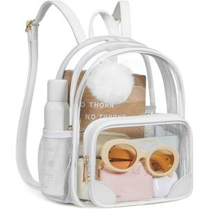 Missnine Anti-theft Clear Backpack, Small Mini Clear Bag for Sport Event Concert with Cute Fur Ball (White)