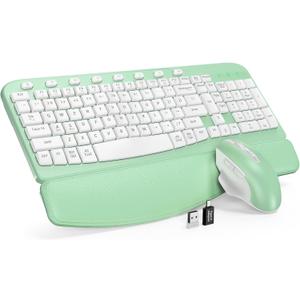 SABLUTE Wireless Keyboard and Mouse Combo, Ergonomic Wave Keys, Cushioned Plam Rest, Comfortable Silent Natural Typing, 2.4G Lag-Free, MA12 Full Size Keyboards Set for Multi-OS, Windows/Mac, Green