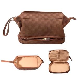 Abiudeng Large Makeup Bag for Women, Travel Makeup Organizer with Brush Holder, Dopp Kit Essentials, Waterproof Checkered Cosmetic Bag for Traveling, Multi Compartment, Cute, Spacious Capacity-Brown