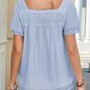 Falechay Plus Size Tops for Women Casual Summer Ruffle Short Sleeve Eyelet Chiffon Babydoll Lace Floral Crochet Blouse Bohemian Square Neck Blue XXL