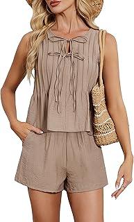Women's Summer Two-Piece Suits: Pleated Resort Wear, Beach Linen Suits, Suitable for Holiday Travel Wear (M)