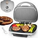 SugarWhisk Family-sized Contact Grill, 6-Serving Electric Indoor Grill with Adjustable Temp Control, Ceramic Coating, 1500W, Silver