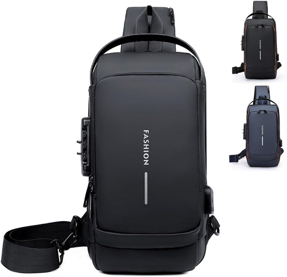 Travel Sling Bag Waterproof Crossbody Bag with Combination Lock Anti-Theft PU Leather Chest Bag with USB Charging Hole Shoulder Backpack Motorcycle Bags, Black