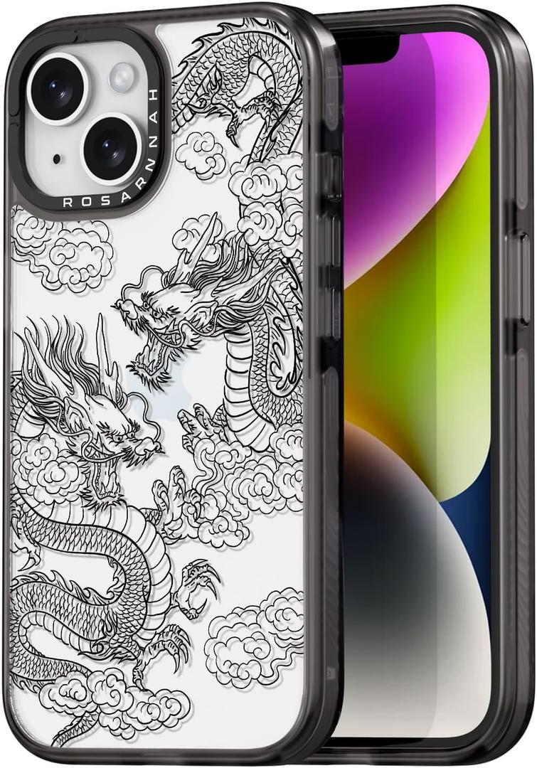 Compatible for iPhone 14 Case Cute Aesthetic - Durable Shockproof 6.6 ft Drop Impact Phone Case Cover with Funny Fashion Dragon 6.1" Black