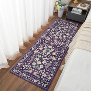 Przemy Runner Rug for Bedroom, 2x6 Washable Floral Runners Rug, Non Slip with TPR Backing Rustic Carpet for Kid's Bedside Living Room Entryway Hallway Kitchen, Purple, Pack of 3