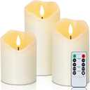 Homemory Flickering Flameless Candles, Realistic LED Candles with Remote and Timer, Real Wax Battery Operated Candles, Set of 3, Ivory (D3"x4"5"6")