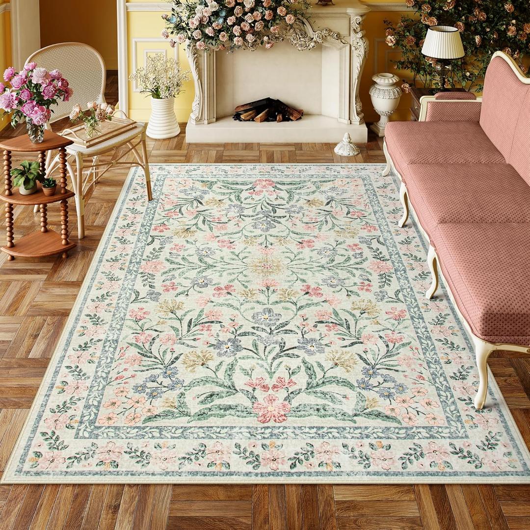 Lahome Boho Beige Rugs for Living Room 6x9, Washable Kids Rugs for Bedroom Girls, Farmhouse Soft Baby Carpet for Nursery, Non-Slip Carpet for Dining Room Playroom, Beige