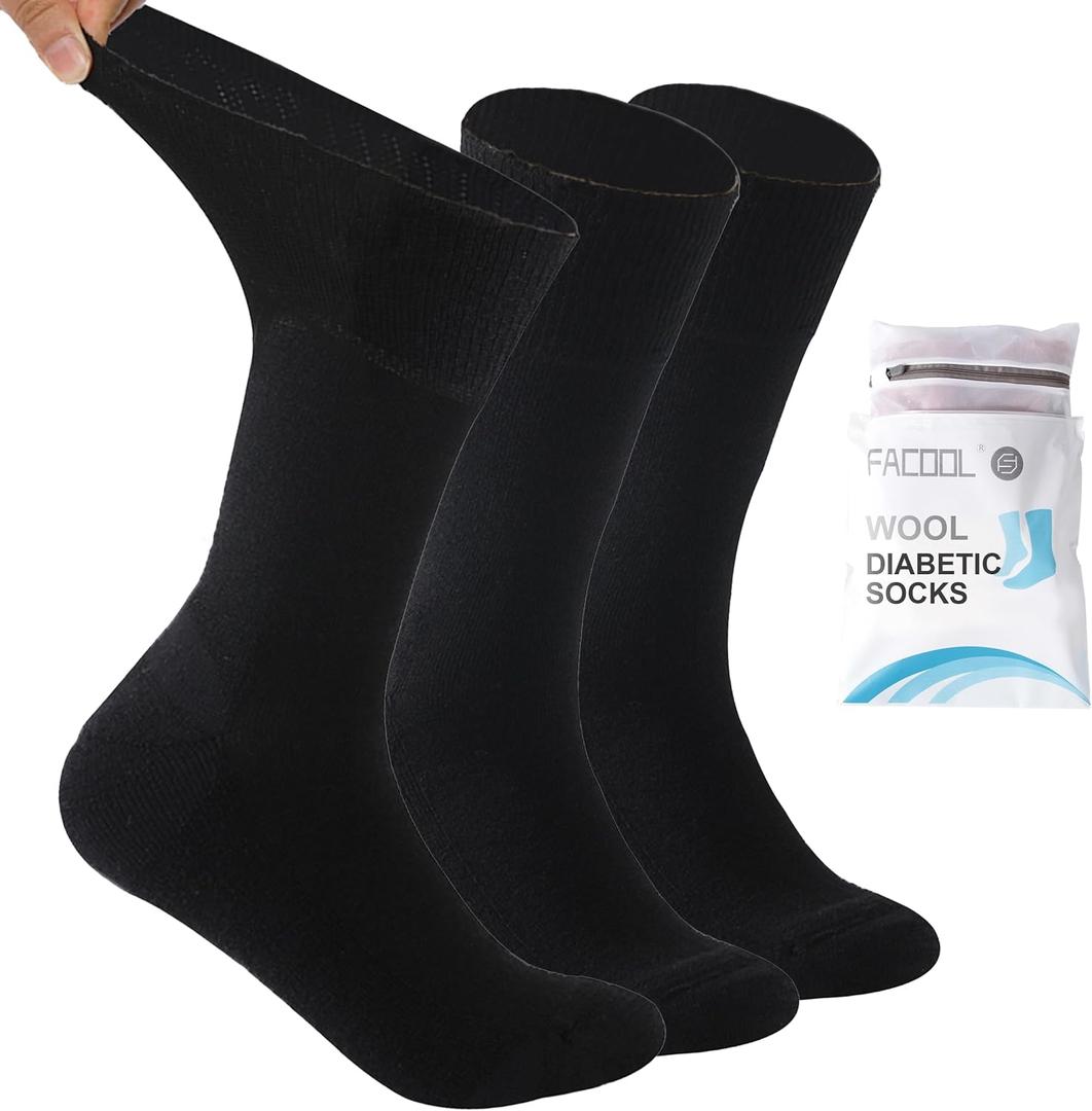Facool Diabetic Socks for Men Women, Merino Wool Non-Binding Top Crew Socks with Cushion Sole, Seamless Toe 3 Pairs (X-Large, Black X 3)