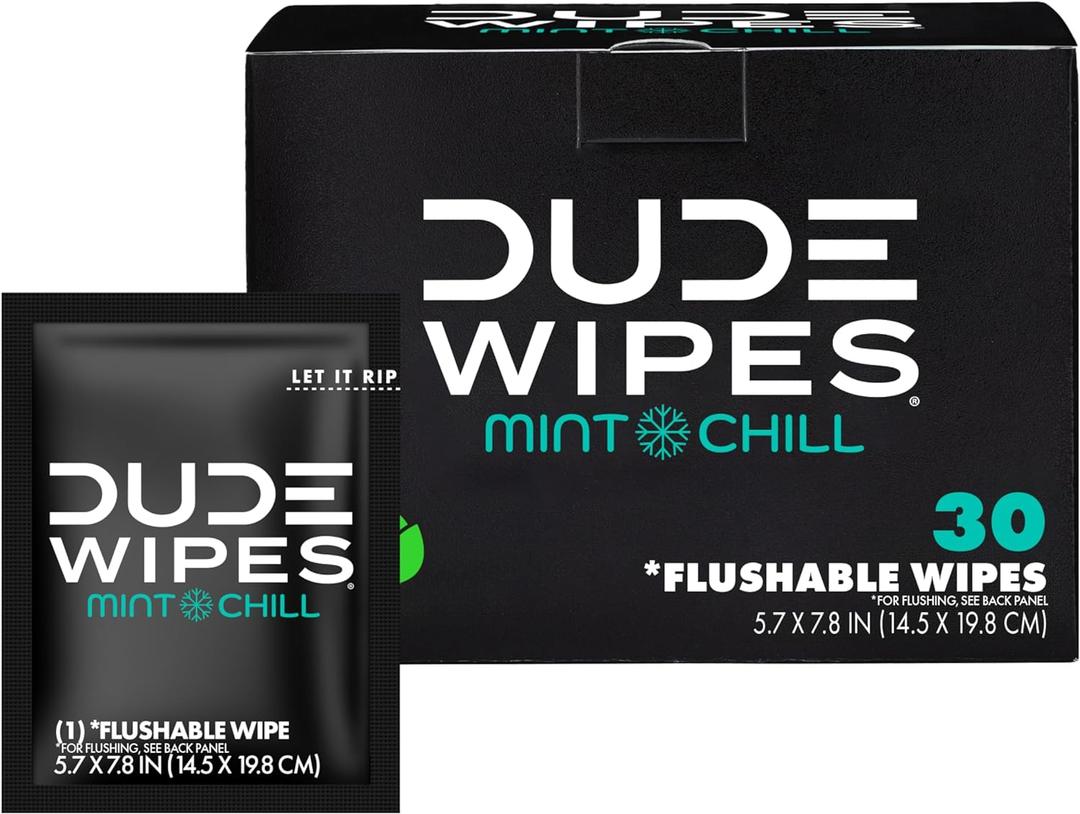 DUDE Wipes On-The-Go Mint Chill Travel Wipes - 30 Count (Individually Wrapped) - Extra-Large Adult Flushable Wipes - Infused with Tea Tree Oil, Vitamin E, and Aloe - Septic and Sewer Safe