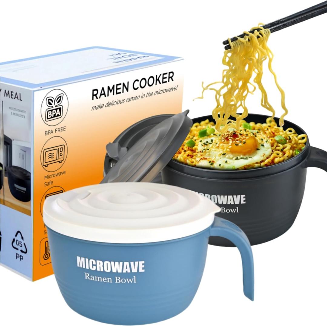 Layron 2 Sets Microwave Ramen Cooker Bowl 45 oz Instant Noodle Bowl with Handles Ramen Noodle Cooker with Spoon Chopsticks Fork Knife College Dorm Room Essentials for Boys Girls (Black, Blue)