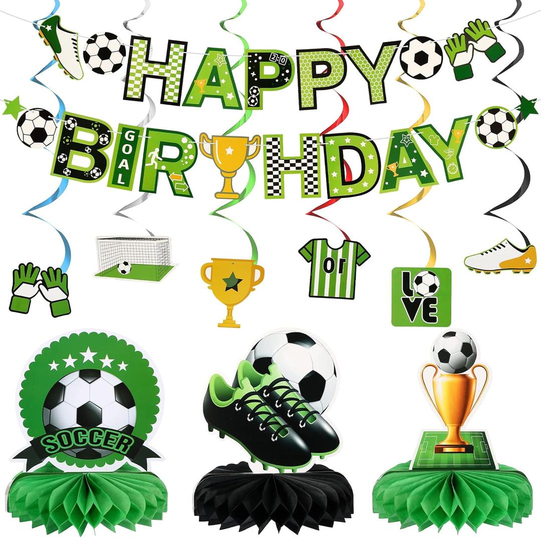 Hanaive 16 Pcs Soccer Birthday Party Decorations Include Soccer Happy Birthday Banner, Table Centerpieces, Paper Cutouts, Hanging Swirl for Boys Sports Football Party Decor