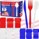 180 PCS 4th of July Independence Day Plastic Silverware Set Disposable Utensils Heavy Duty Plastic Cutlery Set Disposable Utensils Includes Spoons Forks Knives for Memorial Day Decorations