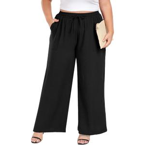 Lastshe Women's Plus Size Wide Leg Pants High Waist Loose Casual Palazzo Trousers with Pockets Spring Clothes (4X, 01 Black)