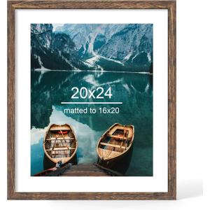 Hongkee 20x24 Picture Frame, Rustic Brown Wood Style, Wall Mounting | Display Posters 16 x 20 with Mat or 20 x 24 without Mat, 1 Pack for Photos, Artwork; Fits Home, Office & Gallery Wall Decor