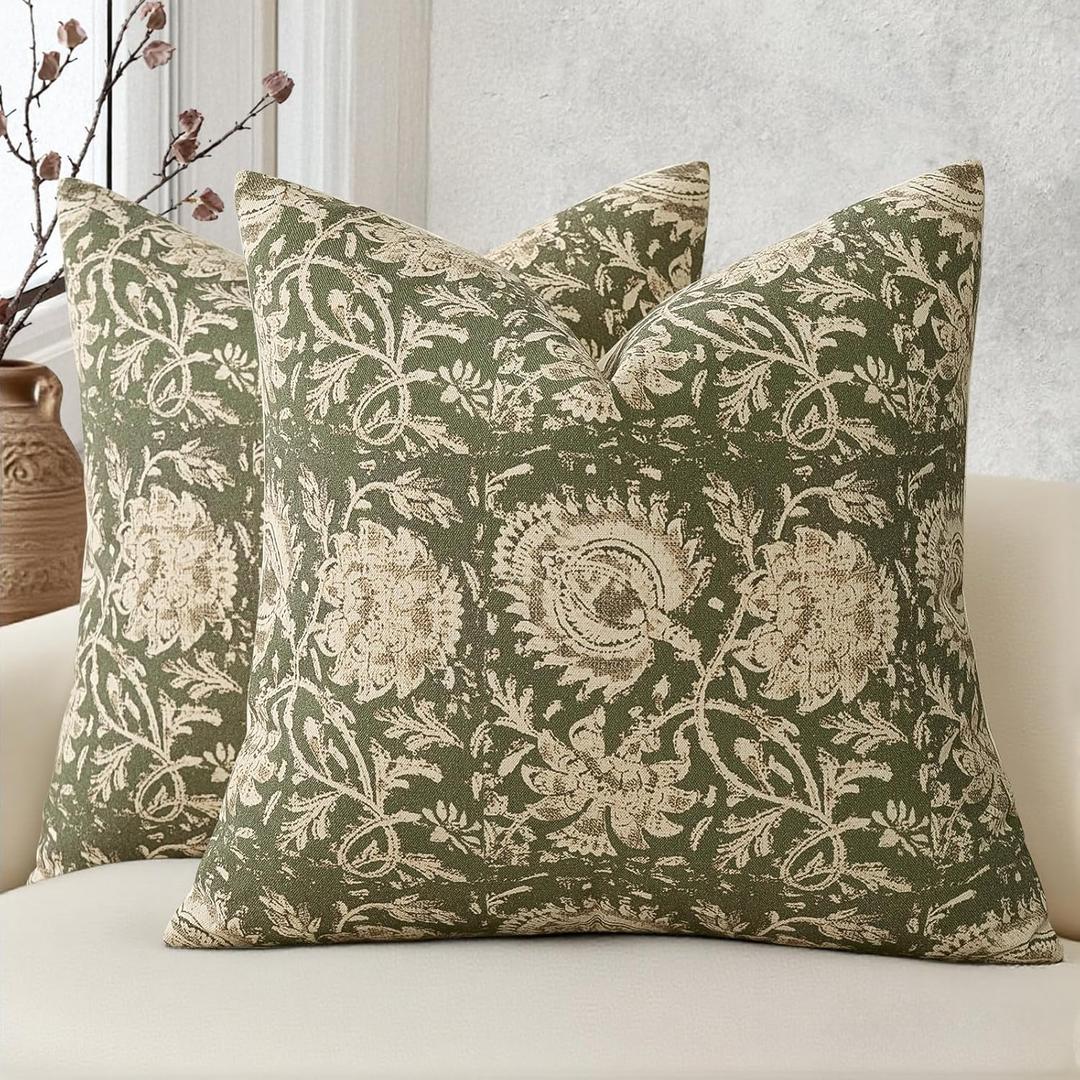 DKwizme Vintage Floral Print Throw Pillow Covers 22x22 Set of 2 Neutral Modern Farmhouse Accent Decorative Cushion Covers Boho Home Decor for Couch Sofa Chair Bed Living Room, Olive Green