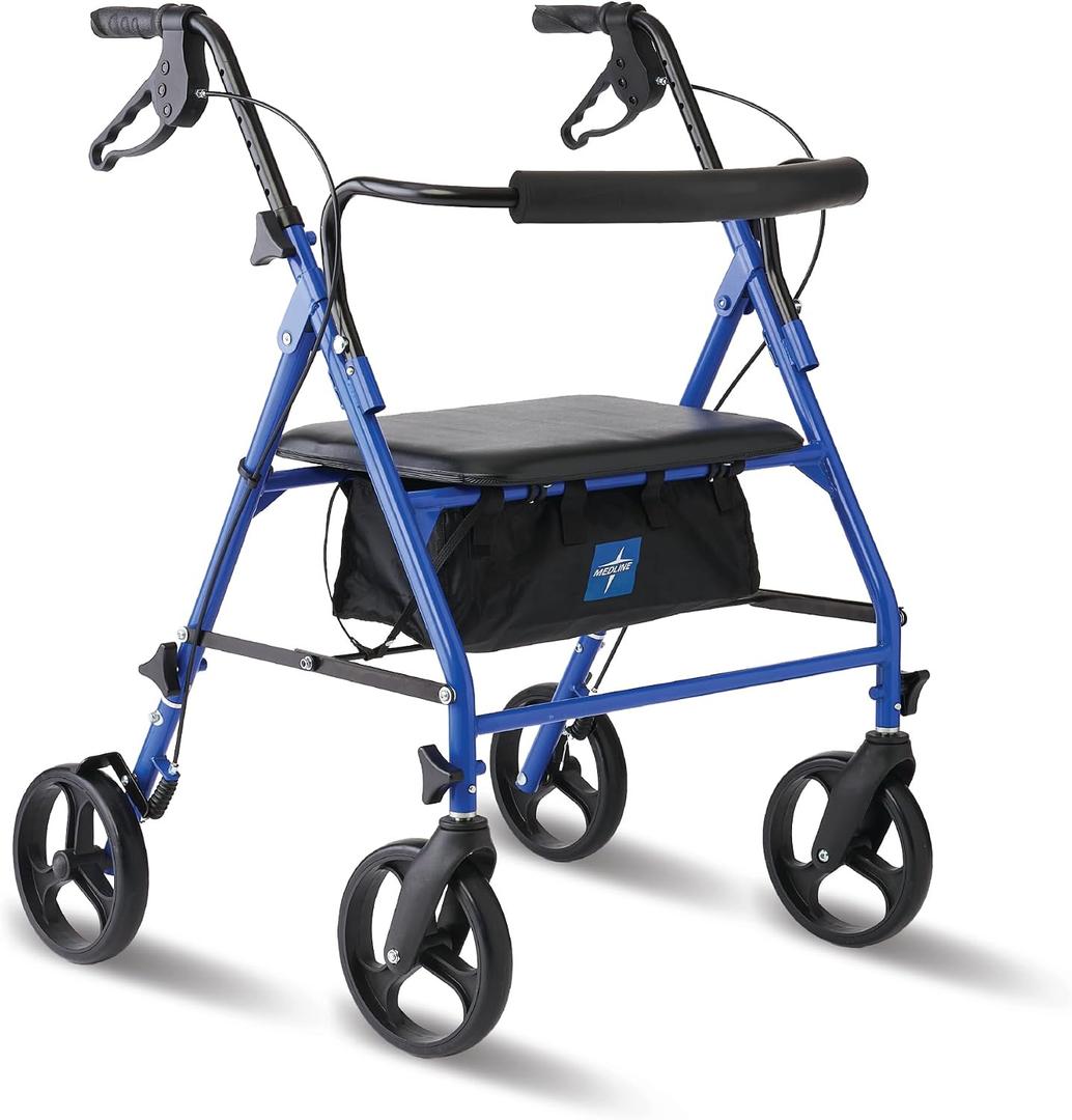 Medline Large Steel Bariatric Rollator Walker with Adjustable Handles, Padded Seat & Backrest, Blue, 500 lb. Weight Capacity, Foldable, Under Seat Storage, 8" Wheels, for Seniors & Adults