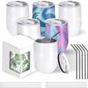 BetterSub12 oz Sublimation Wine Tumblers, Double Wall Insulated Stainless Steel Sublimation Cups with Lid, Metal Straw, Brush, Individually Display Box, White (6 Packs White)