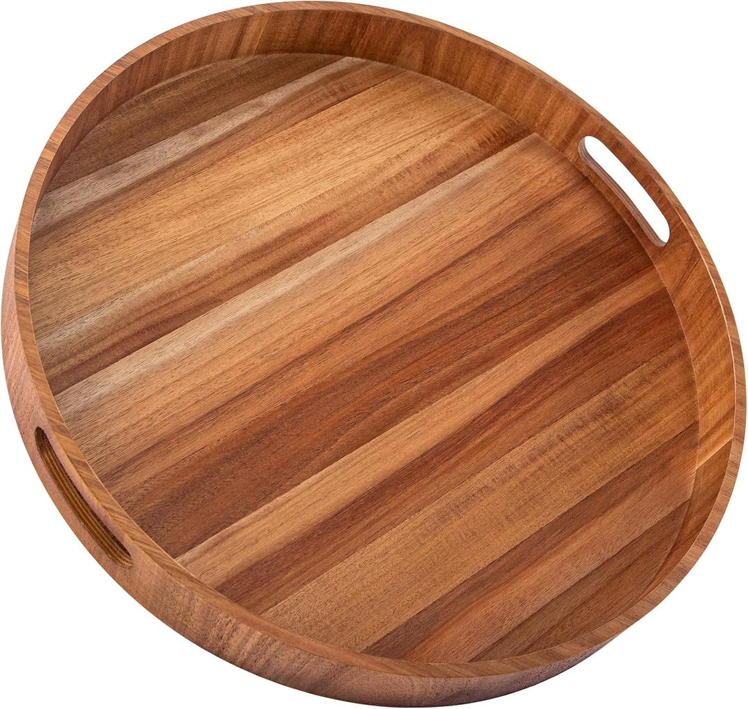 Ottoman Tray Round, 20" Large Ottoman Tray with Handles Wooden Ottoman Trays for Living Room, Decorative Tray, Wooden Serving Trays for Food Serving, Breakfast, Coffee, Appetizers
