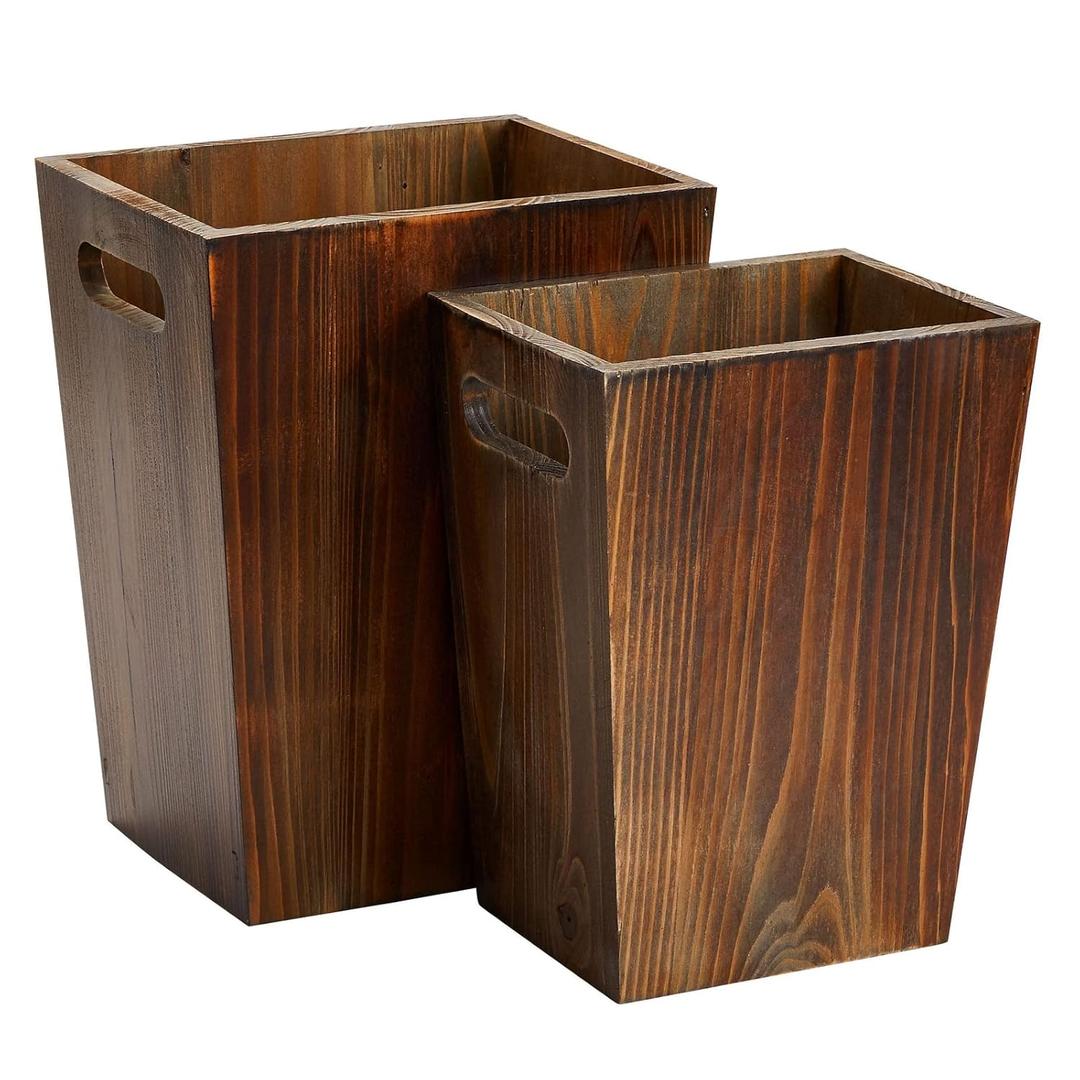 2 Piece Rustic Style Wood Trash Can Set - Farmhouse Square Wastebasket Bins with Handles for Home or Office (Brown, Small & Large) - Rustic Bathroom Trash Can Set