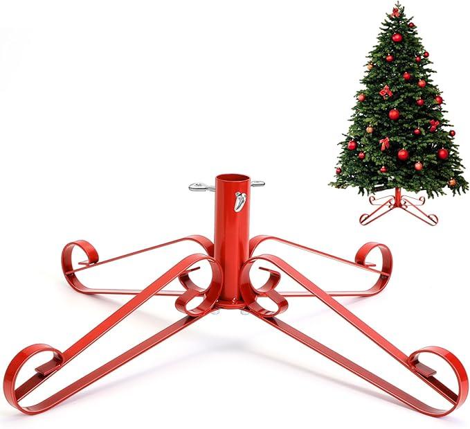 Foilswirl Christmas Tree Stand for Artificial Fake Tree Holder 4 to 8 FT Iron Metal Adjuatable Xmas Tree Base with Thumb Screw Indoor Outdoor Holiday Party Decor Fits Up to 1.4" Tree Trunk (Red)