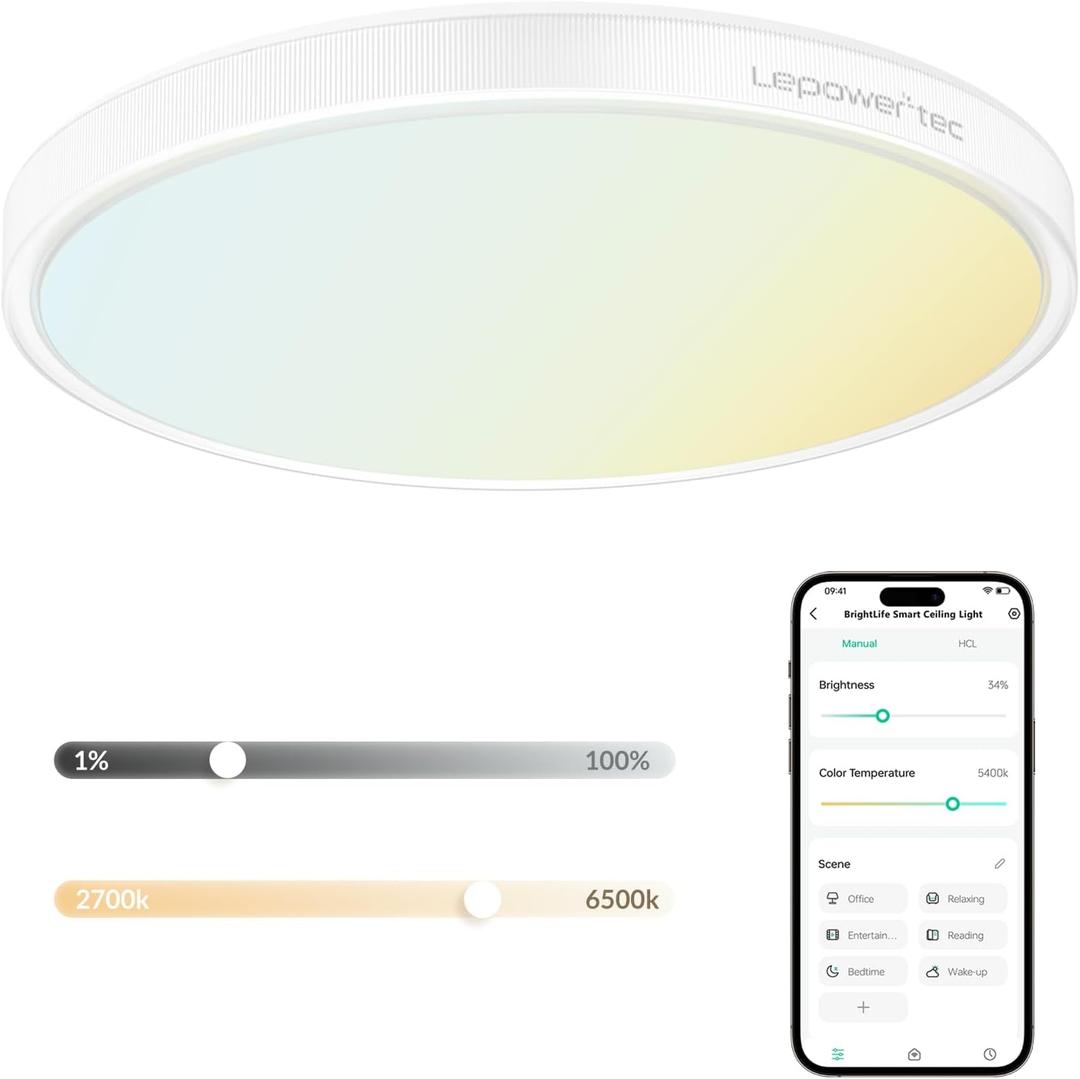 Flush Mount Ceiling Light, 3200LM Smart Led Ceiling Lights Fixture, Compatible Alexa, 2700K-6500K Stepless Dimmable Bright Lighting for Bedroom Kitchen Living Room White, 13 Inch, 1 Pack