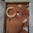 Mikito Organic Cotton Newborn Gifts Box, Unisex Loveys & Accessories incl. Muslin Baby Comforter + Baby Bandana Bib + Wooden Teether + Birth Announcement Sign (Copper)