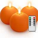 Flameless Candles with Remote, Orange Round Candles Ball LED Battery Operated Real Wax Candles Warm Light 3D Wick Flickering for Home Party Wedding Decor (Set of 3)