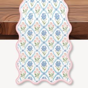 WADORN Watercolor Rose Flower Table Runner, 13x72 Inch Seasonal Spring Summer Kitchen Dining Table Decoration Pink Blue Floral Scalloped Tables Runner for Home Holiday Party Wedding Birthday Decor
