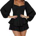 LYANER Women's Jumpsuit Lantern Long Sleeve Ruffle Layer Tie Mini Short Romper, Size XL