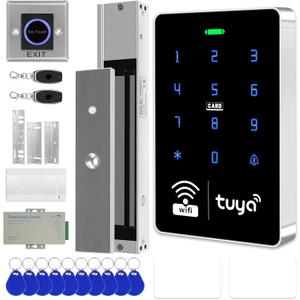 WiFi TUYA Complete Security Access System Kit with Waterproof RFID Touch Keypad Door Lock, Smart Remote Door Opener, App600-Pound Electric Magnetic Lock + ZL, Metal Sensor Switch, Doorbel
