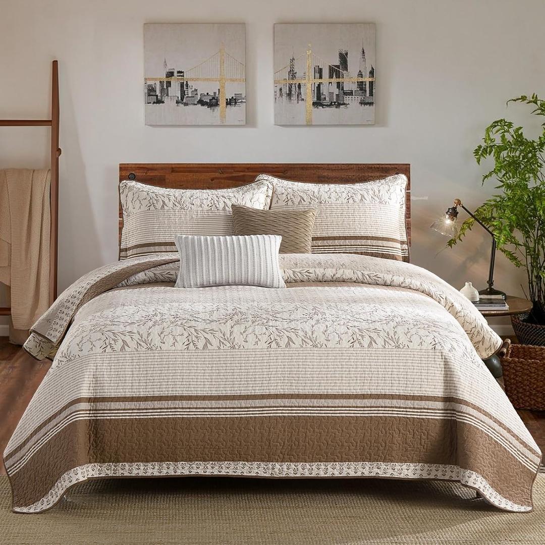 100% Cotton Quilt King Size - 3 Pieces Brown King Quilt Set, Lightweight Soft King Bedspread Coverlet for All Season, Farmhouse Striped Floral Quilted Bedding Set for King Bed