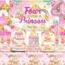 Four Ever a Princess Birthday Decorations , Includes Backdrop, Plates,Napkins, Cake Toppers, Balloons, Tablecloths, for 4th Girl Birthday Party Supplies , Serve 20