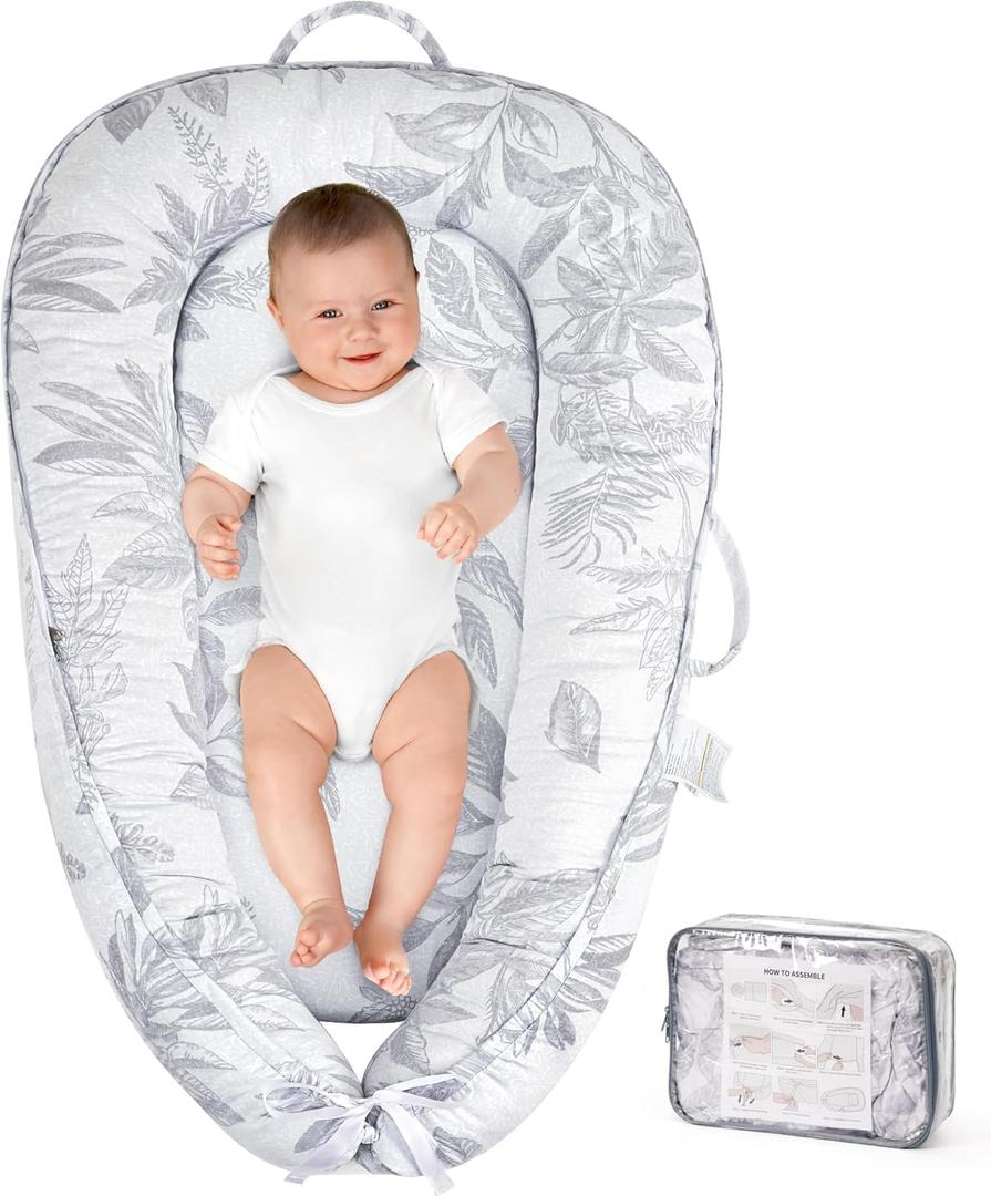 HKAI Baby Lounger  Soft Cotton Infant Floor Seat for Newborn to 24 Months, Portable Baby Essentials for Boys & Girls, Travel-Friendly Baby Lounge Pillow (Grey Leaves)