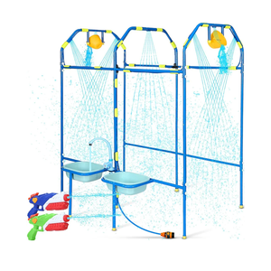 Water Park Sprinkler Toy for Kids, Heavy-Duty Steel Backyard Waterpark Splash Game with Shooting Toys, Splash Buckets, Water Table & Faucets, Water Play Activities Outdoor Summer Fun